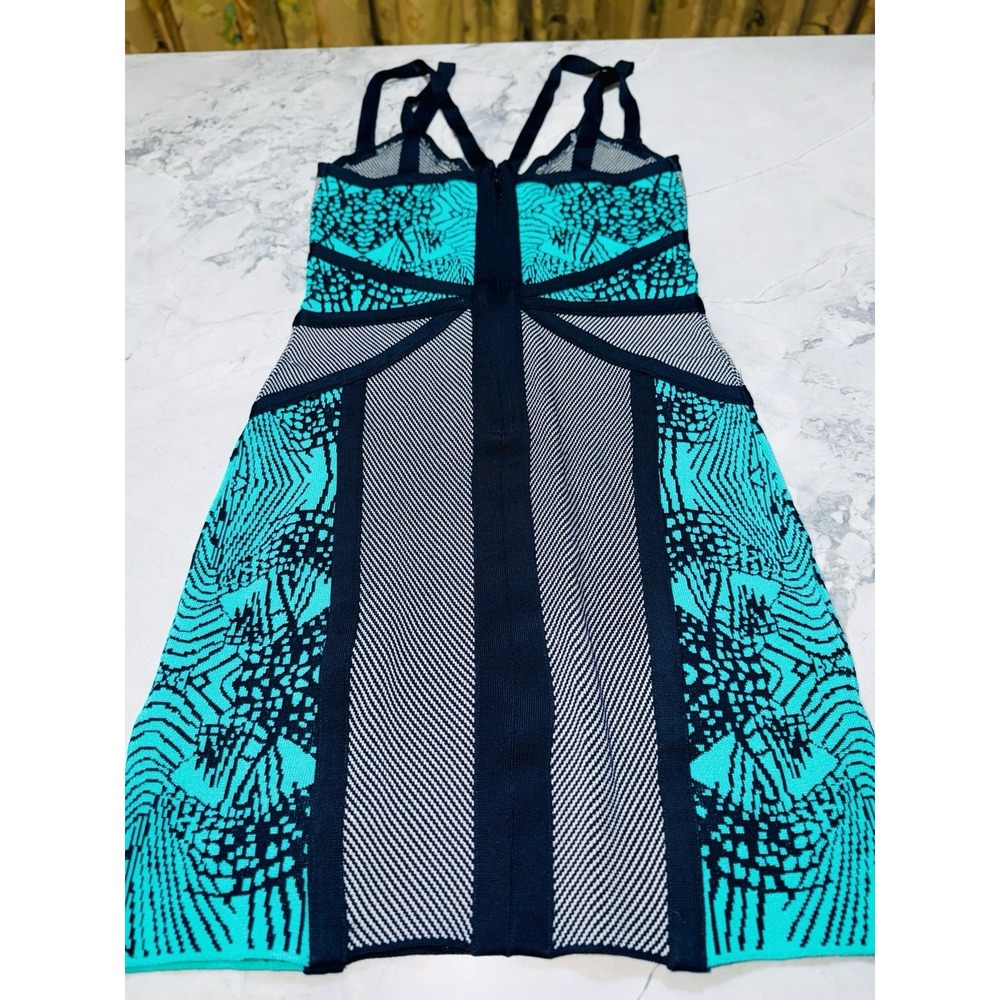 bebe Strappy Bodycon Dress Women's S Turquoise Black Geometric Knit Sleeveless